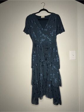 Layered Floral Midi Wrap Dress in Teal